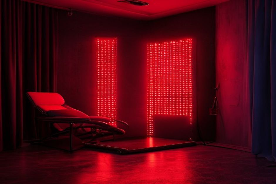 Full-body red LED light therapy panel glowing in dark room